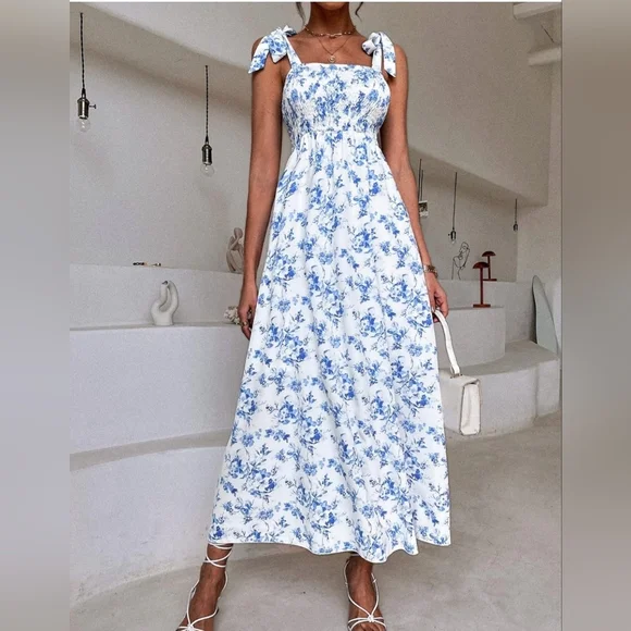 MakeMeChic Women's Blue & white Floral  Beach Vacation Casual  Long Maxi Dress S - Picture 3 of 4